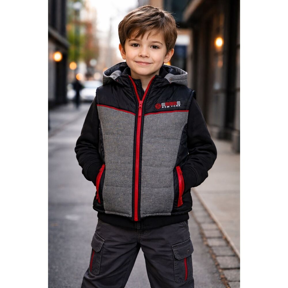 Y2K Enyce Puffer Vest Kids Boys 7 Removable Hoodie | Gray Red 90’s HipHop